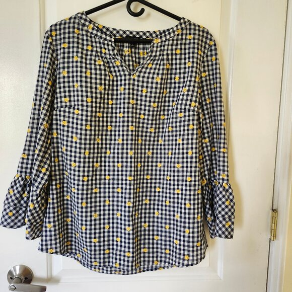 Talbots Tops - TALBOTS Blue/White Check Blouse Embroidered Flowers, V-Neck Women's Size M